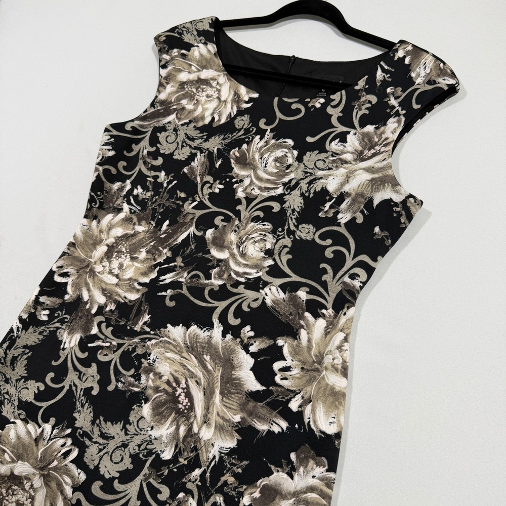 Connected Apparel Sheath Dress Women 10 Black Taupe Floral Scroll Sleeveless Mid